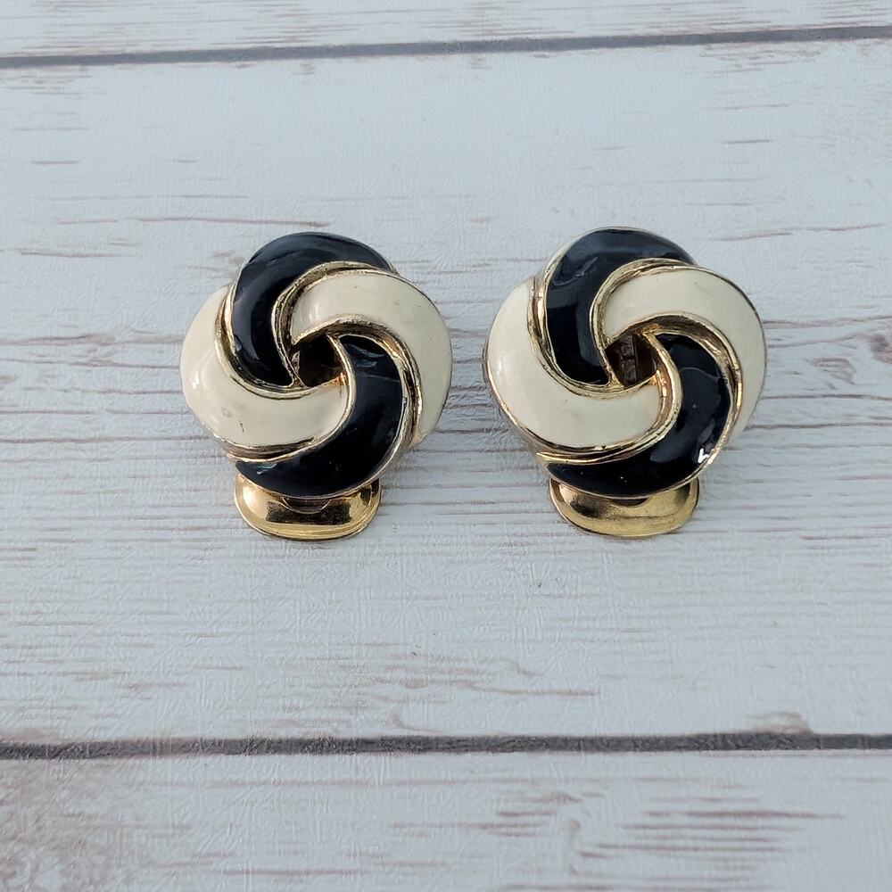 Vintage Clip On Earrings Cream & Black Enamel Stylish - Fair Condition